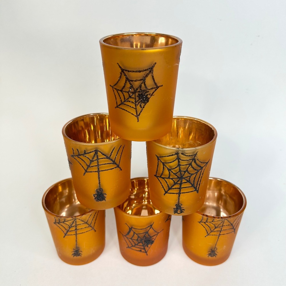Halloween Orange Mercury Glass Spider Web Votive Candle Holders Set of 6